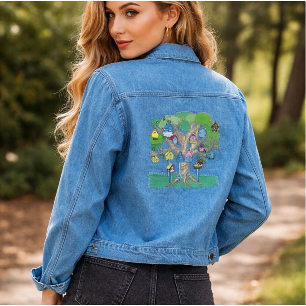Mili Designs Denim Jacket XL Birdhouse Embroidered Back Trucker Womens Vintage